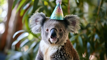 Koala with birthday hat, eucalyptus background, generative ai