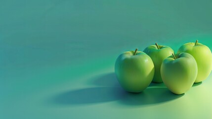 Green apples isolated on blue background, colorful neon light, with copy space
