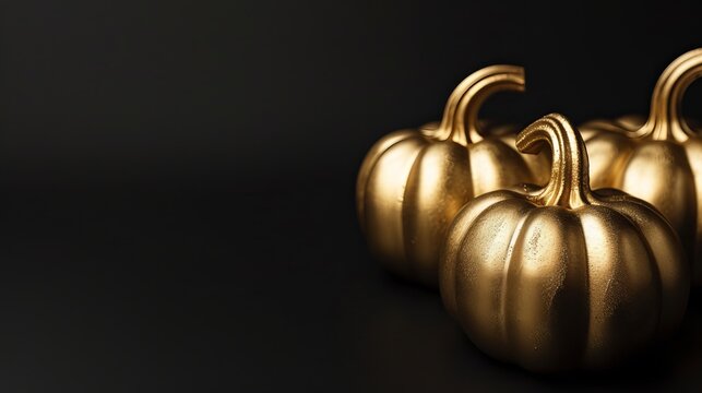 Golden metal shiny pumpkins isolated on black, with copy space, Halloween and Thanksgiving luxury concept