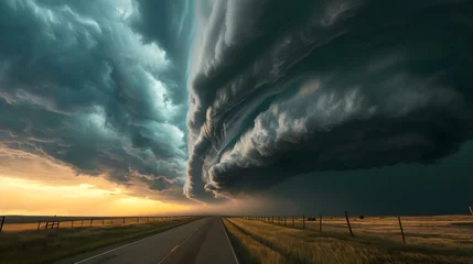 Zelfklevend Fotobehang a large storm cloud looms over a rural road © KWY