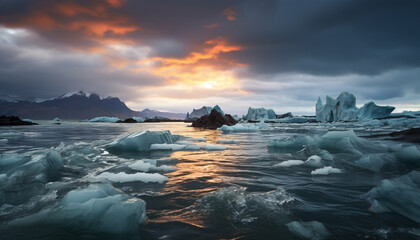 Fototapeta premium Majestic mountain peak reflects tranquil sunset on frozen water generated by AI