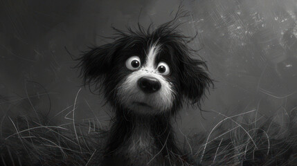 Naklejka premium a black and white picture of a dog's face with eyes wide open and hair blowing in the wind.