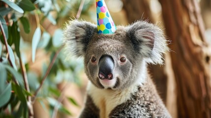 Koala with birthday hat, eucalyptus background, generative ai