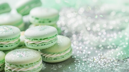 Obraz premium Piles of mint green macarons on shiny sparkling background, for birthday party, anniversary and Halloween party, with copy space