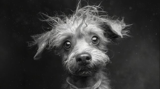 a black and white photo of a dog with wet fur on it's head, looking at the camera.