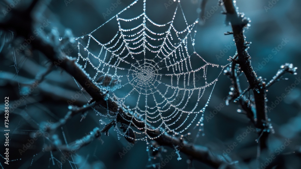 Poster a close up of a spider web on a tree branch with drops of water on the spider's web.