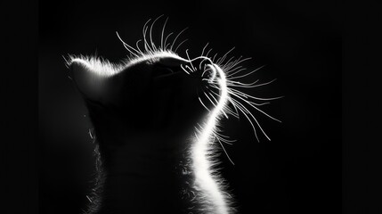 a black and white photo of a cat's head with it's eyes wide open in the dark.
