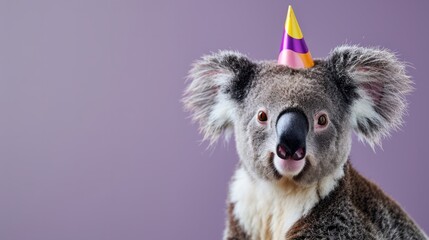 Koala with birthday hat generative ai - obrazy, fototapety, plakaty