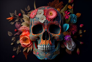 pattern of multi-colored flowers and shapes on colored skull with flowers. Generative AI