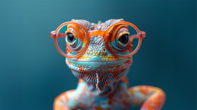 close-up of colorful lizard with glasses