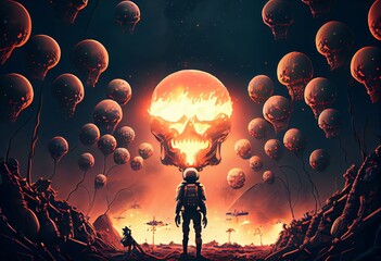Illustration: War is going to begin! Fire Ball fall from Sky. The Dark Skeleton Armies Marching in the Valley. Fantastic Cartoon Style Wallpaper Background Scene Design. Generative AI