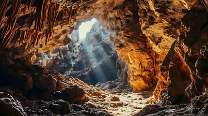 a large cave with a light coming through it