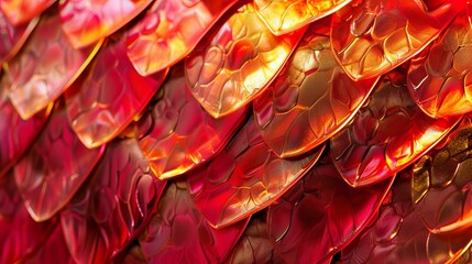 Texture of red fire dragon or mermaid scales close up, shiny red golden metallic gorgeous colorful fantasy scales backgrounds