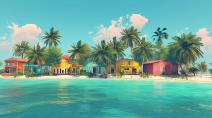 a painting of a row of colorful houses on a tropical island with palm trees in the foreground and blue water in the foreground.