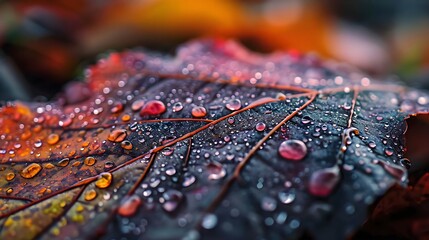 a close up of a leaf with drops of water on it