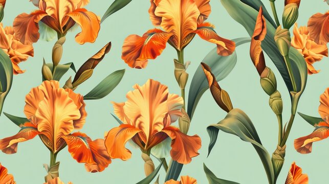 Vintage floral seamless pattern with orange iris flowers on mint green background