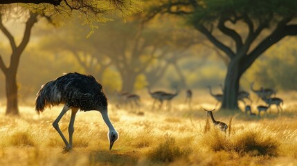 an ostrich standing in the middle of a field of grass with other animals behind it and trees in the background. - obrazy, fototapety, plakaty