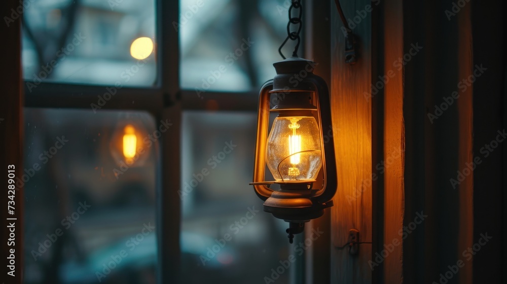 Poster a lantern hanging from the side of a window in front of a window with a view of a snowy street.