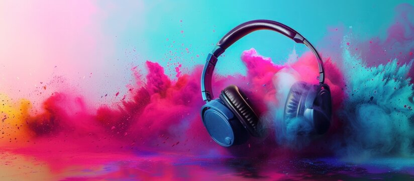 A wireless headset or headphones on abstract colorful dust explosion background. Generated AI image