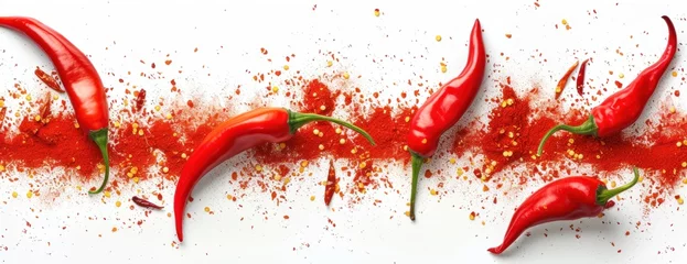 Fototapete Rund A composition showcasing a vibrant and visually striking image of a group of red hot chili peppers and powder isolated on a clean white surface. © FryArt Studio