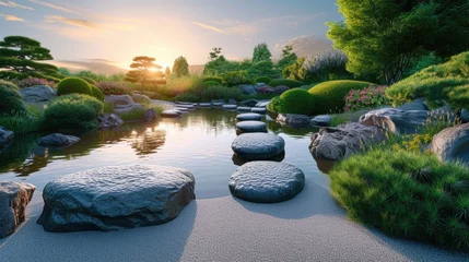 Fotobehang Path of circular stepping stones across a calm pond in a lush, serene zen garden at sunrise. Resplendent. © Summit Art Creations