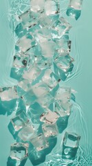 Several ice cubes float in a pool of clear water, creating a striking visual contrast.