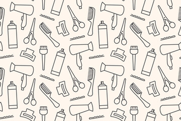 seamless hairdressing tools pattern: hair dryer, hair spray, clipper, comb, scissors, clip and bobby pins- vector illustration