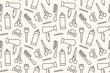 seamless hairdressing tools pattern: hair dryer, hair spray, clipper, comb, scissors, clip and bobby pins- vector illustration