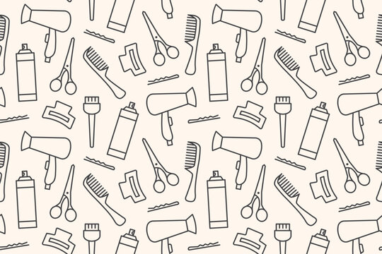 seamless hairdressing tools pattern: hair dryer, hair spray, clipper, comb, scissors, clip and bobby pins- vector illustration