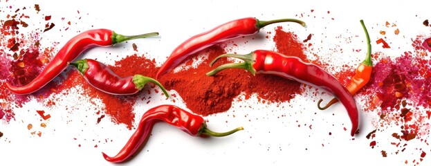 An isolated collection of eight red hot chili peppers and red pepper powder, displayed on a white surface.
