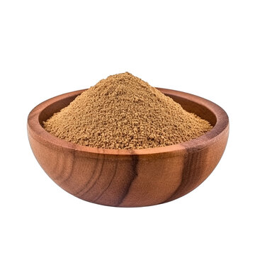pile of finely dry organic fresh raw ajwain powder in wooden bowl png isolated on white background. bright colored of herbal, spice or seasoning recipes clipping path. selective focus