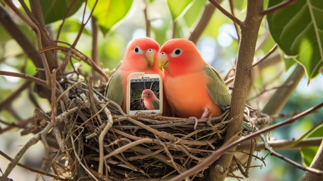 Lovebirds nestled in a nest of twigs, generative ai