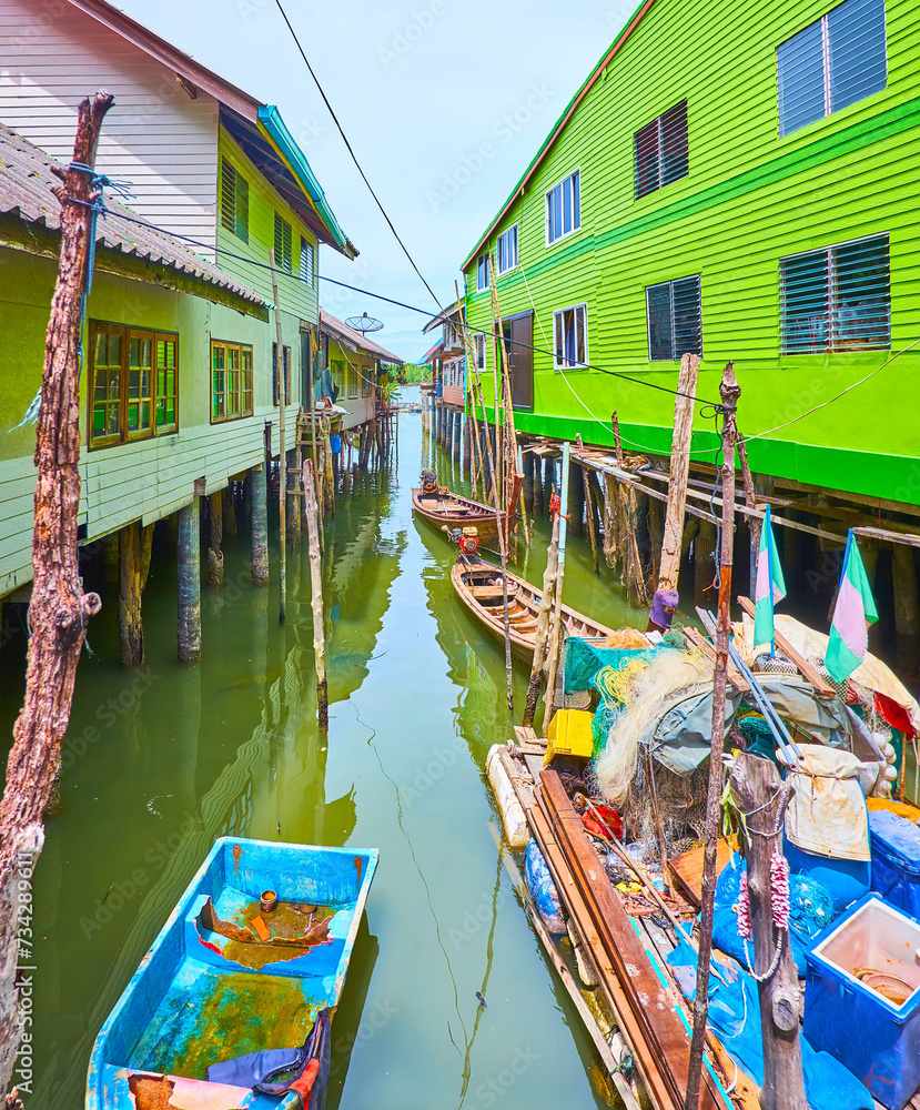 Poster The boats between stilt houses, Ko Panyi village, Phang Nga Bay, Thailand