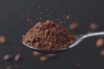 Unsweetened dark chocolate cacao powder in the spoon