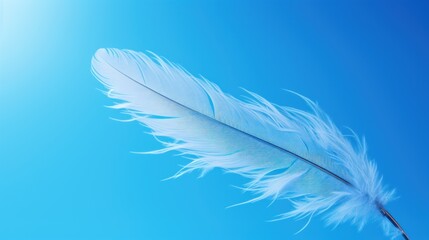 a close up of a white feather on a blue background with a blurry image of the sky in the background.