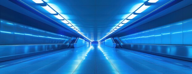 An empty underground tunnel with a long stretch and blue lights illuminating the pathway.