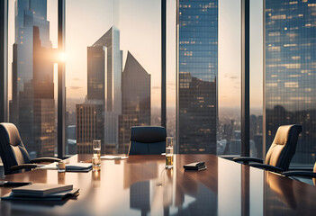 Business Büro Konferenzraum mit Tisch und Stühlen Blick aus einem hohen Gebäude auf die Silhouette einer großstadt mit Bürotürmen und Wolkenkratzern   - obrazy, fototapety, plakaty