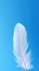 a close up of a white feather on a blue sky background with only one feather left in the foreground.