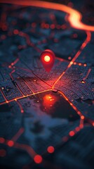 A glowing red marker prominently stands out on a digital map, marking a specific location.