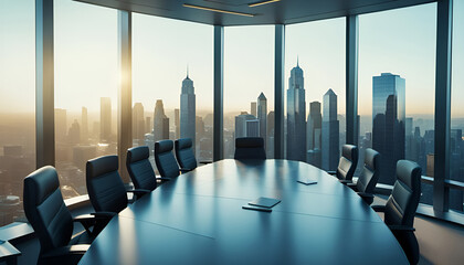 Business Büro Konferenzraum mit Tisch und Stühlen Blick aus einem hohen Gebäude auf die Silhouette einer großstadt mit Bürotürmen und Wolkenkratzern   - obrazy, fototapety, plakaty