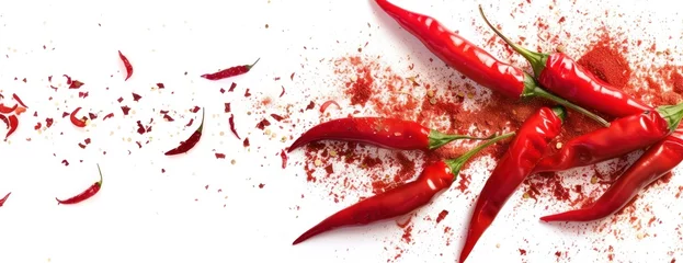Poster A collection of red hot chili peppers and powder isolated on a white surface. © FryArt Studio