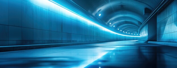 An empty underground tunnel illuminated with blue lighting leading towards a distant light source.