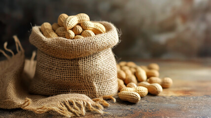 Peanuts in a burlap sack representing agriculture, raw food, protein source, and natural textures.