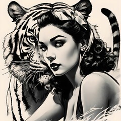 young woman in the company of a tiger. drawn with charcoal