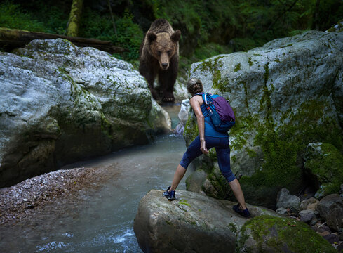 Woman hiker face to face with a grizzly bear in a canyon