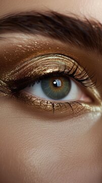 A stunning close-up photo showcasing the intricate gold makeup on a womans eye.