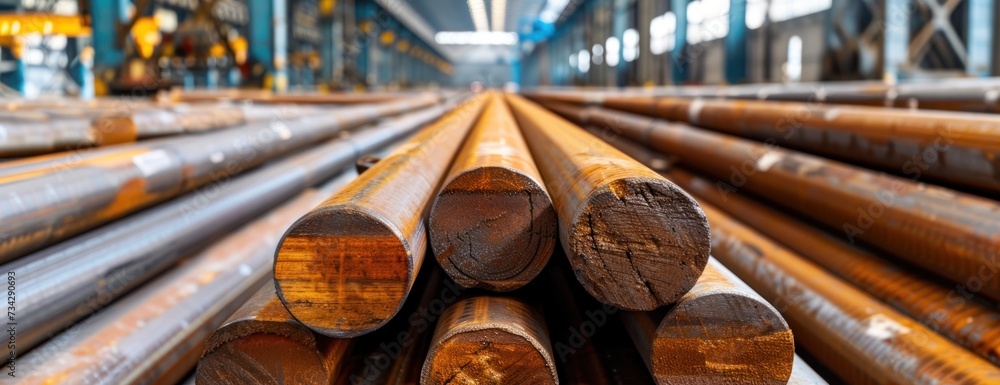 Poster a view of multiple rows of steel pipes neatly stacked in a factory setting.