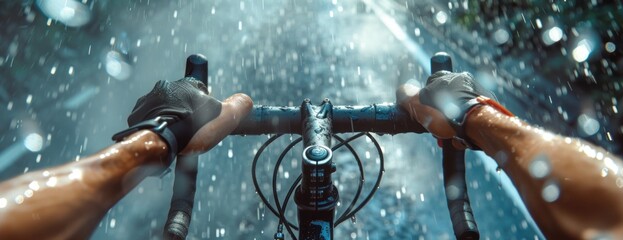 Close-up of a cyclist riding a bike in the rain, with a focus on the handlebars and hands gripping them.