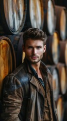 A confident and attractive young man stands confidently in front of a collection of barrels.