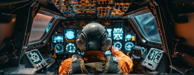 A man in a space station gazes out the window, observing the Earth from above.